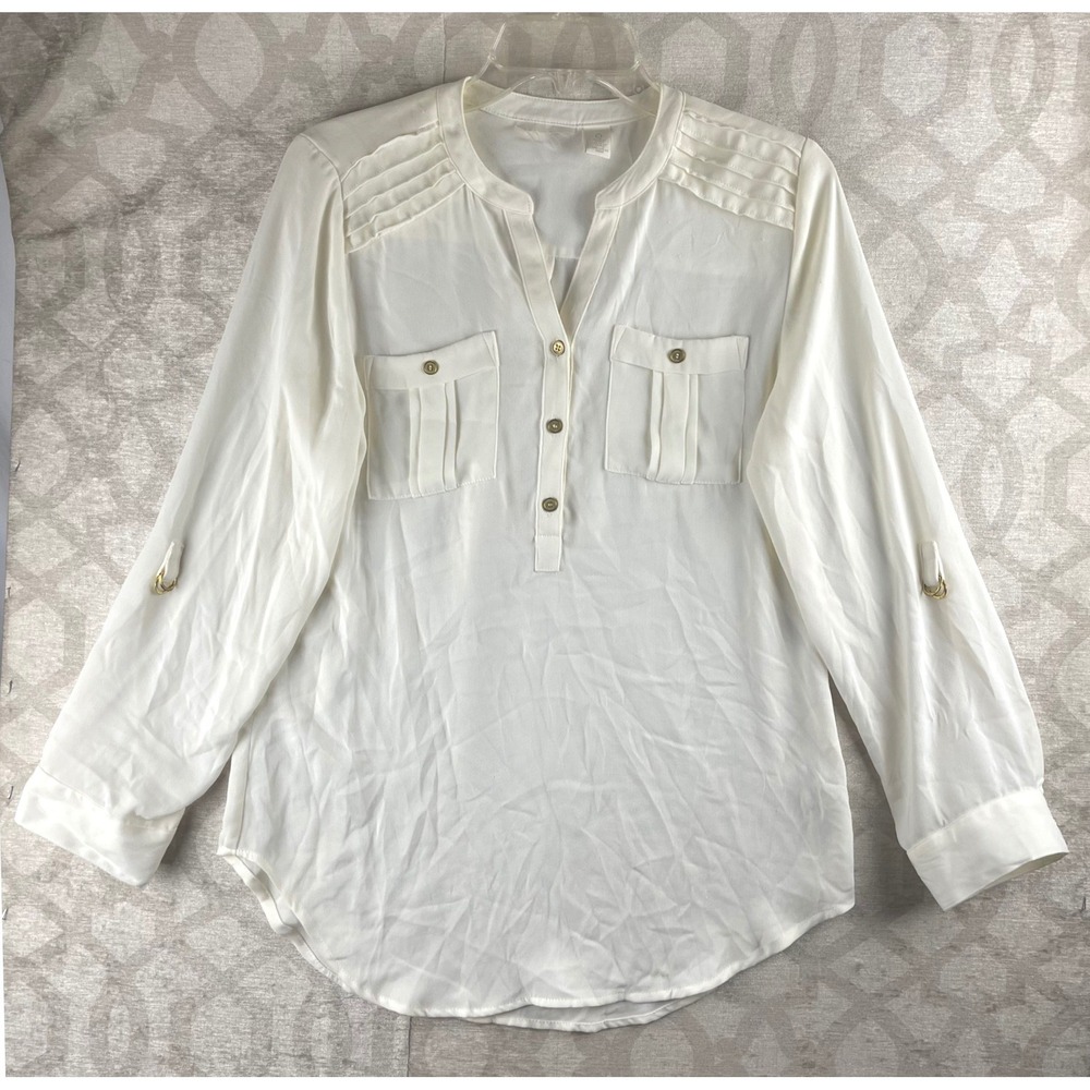 Chico's White Pintuck Roll-Tab Sleeve Blouse Women Size 0 Small Button Top Shirt